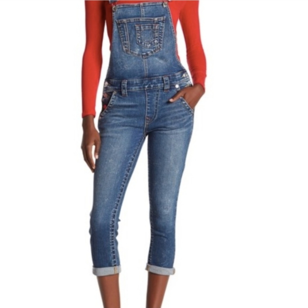 True Religion Halle Mid Rise Capri S Cropped Overalls Jeans Bibs